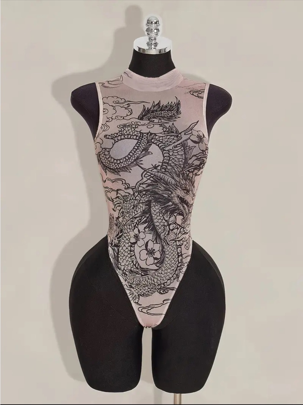 New Mesh Bodysuit Dragon Japanese Style Snap Up High Leg Mock Neck Blush Nude L